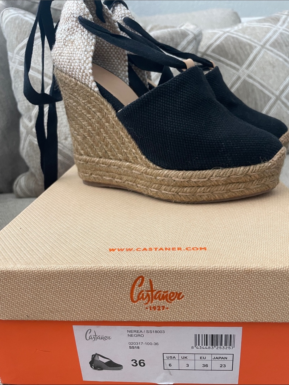 Castaner Black Canvas Espadrille Wedges with Ankle Ties